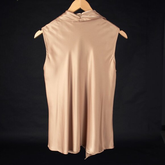 Satin Metallic Champagne Gold Tie Front Sleeveless V-Neck Blouse - Picture 3 of 10